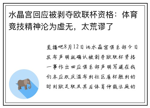 水晶宫回应被剥夺欧联杯资格：体育竞技精神沦为虚无，太荒谬了